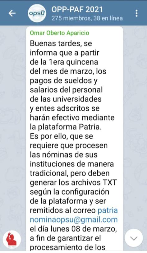 Mensaje divulgado por Telegram en el que se indica que personal universitario recibirá salarios por la plataforma Patria