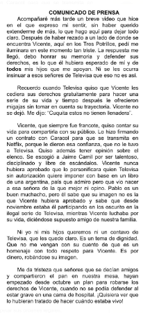 El comunicado de la viuda de Vicente Fernández. Foto Instagram